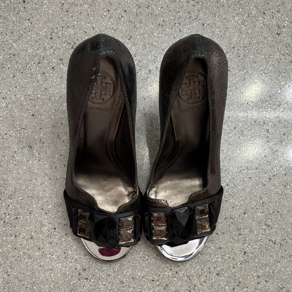 Tory Burch Black and Metallic Bronze with Silver Peep-Toe Heels